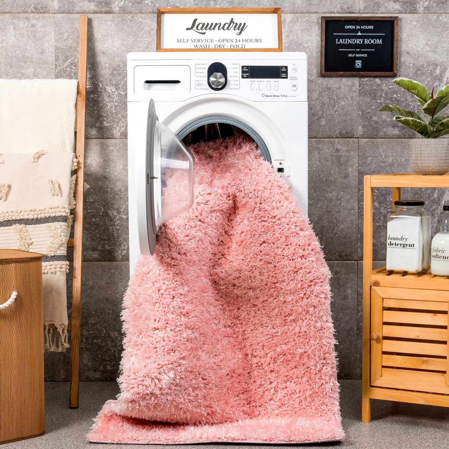 Faina Solid Pink Shag Rug Washable - Boutique Rugs