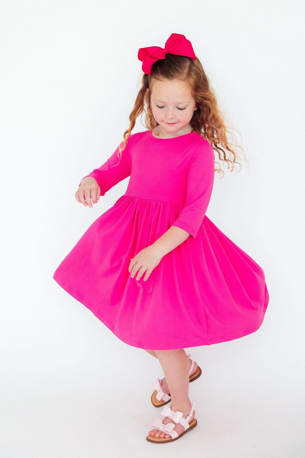 Hot Pink 3/4 Sleeve Pocket Twirl Dress - Mila & Rose ®