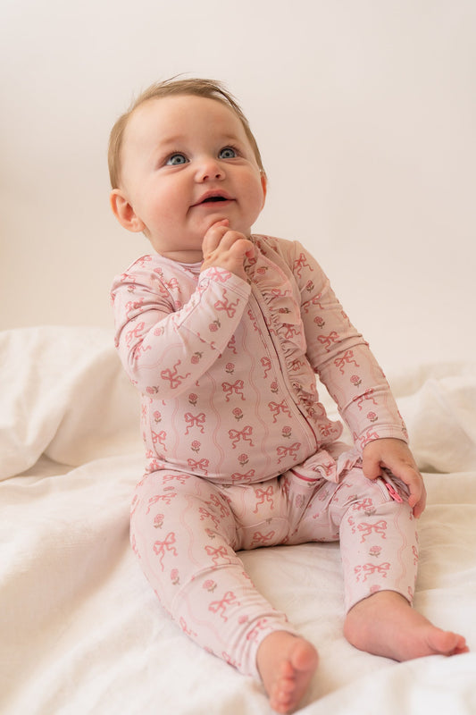 Bamboo Zip Romper Outfit - Pink Bows