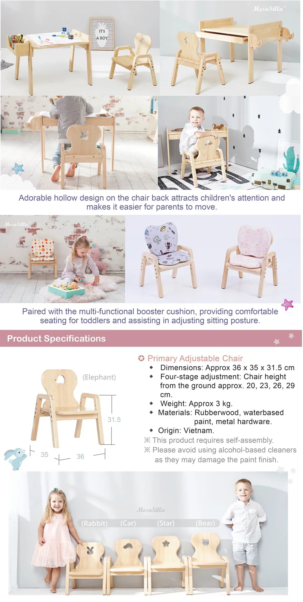 Silla infantil de madera ajustable Mesasilla: ergonómica, de altura regulable, madera maciza | 4 opciones de altura