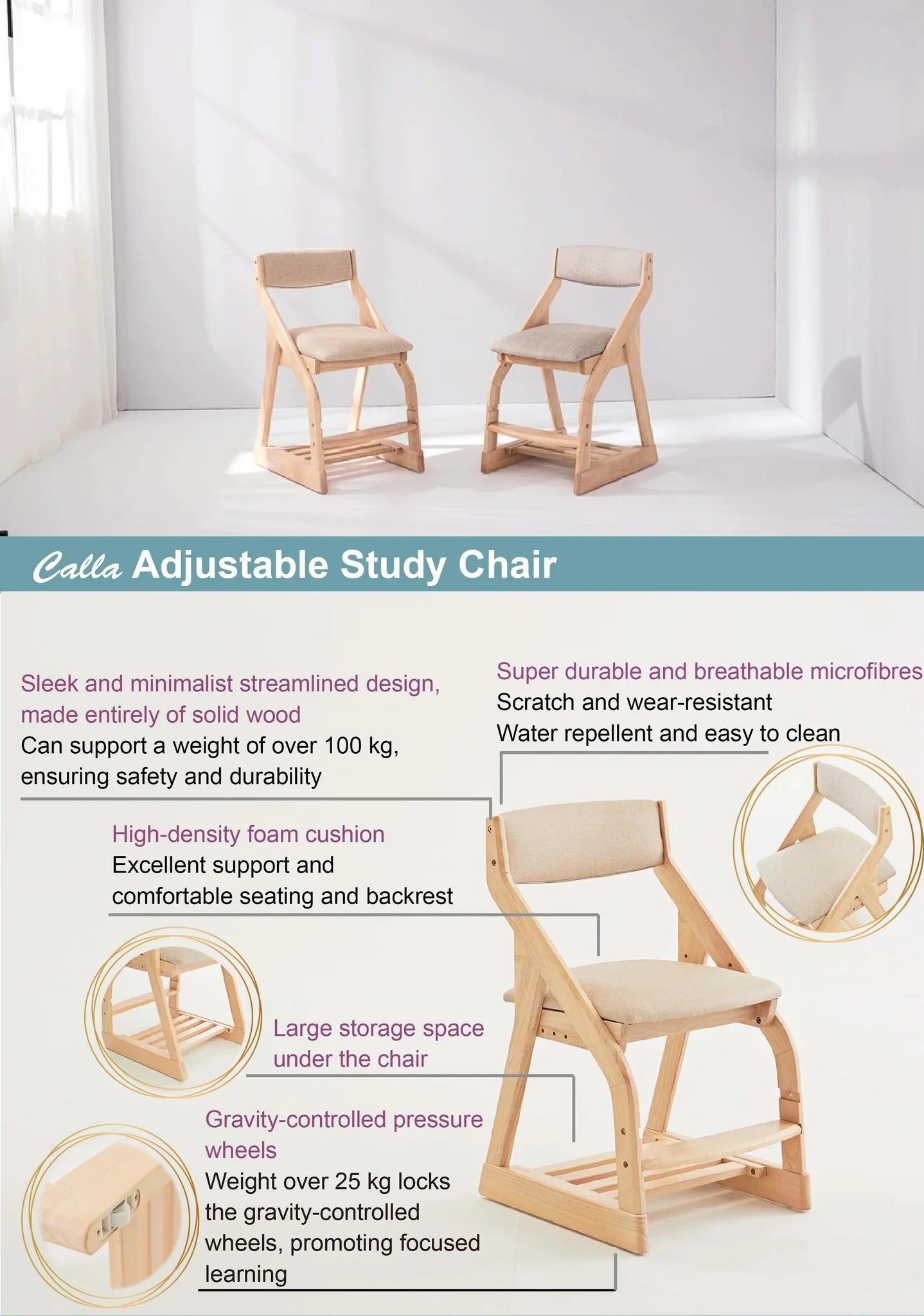 Silla de madera maciza ajustable Calla para niños: 4 configuraciones de altura, tela fácil de limpiar