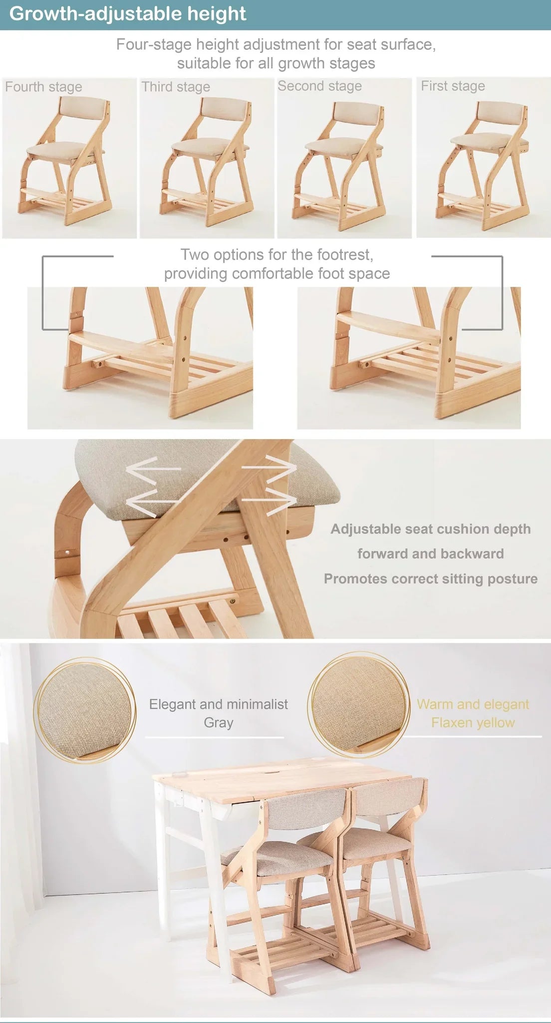 Silla de madera maciza ajustable Calla para niños: 4 configuraciones de altura, tela fácil de limpiar