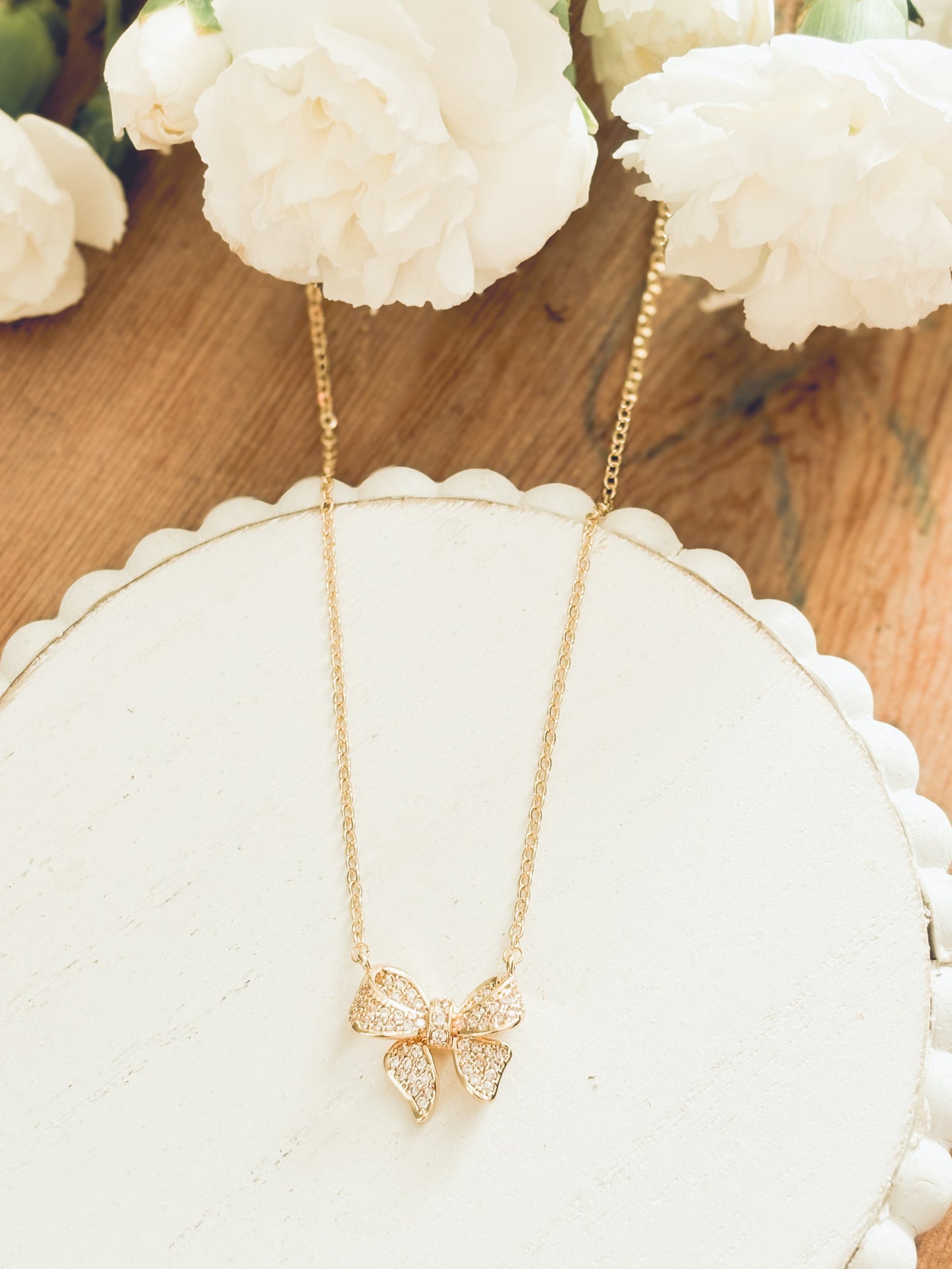 Adorable Gold Rhinestone Bow Necklace