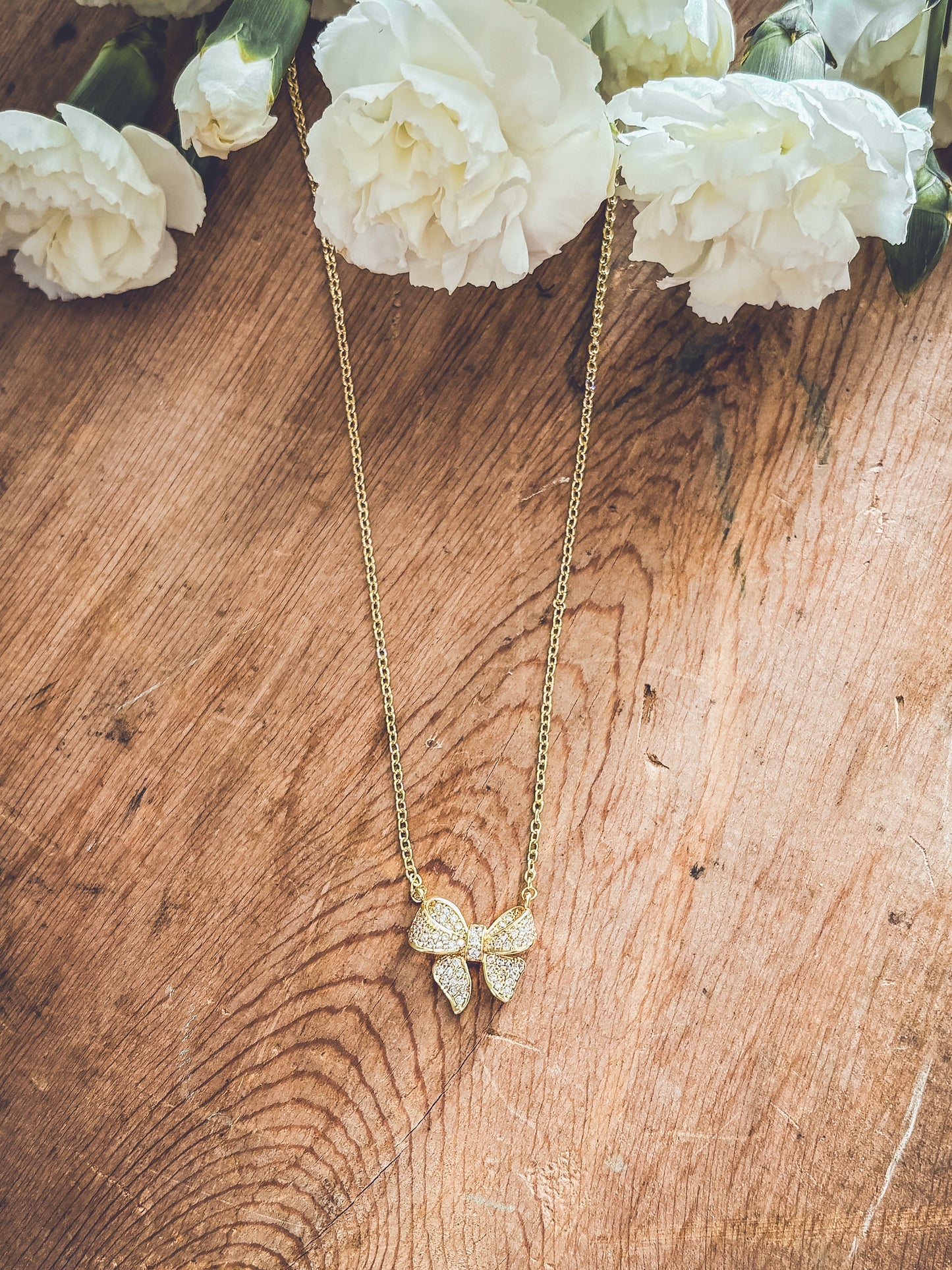 Adorable Gold Rhinestone Bow Necklace