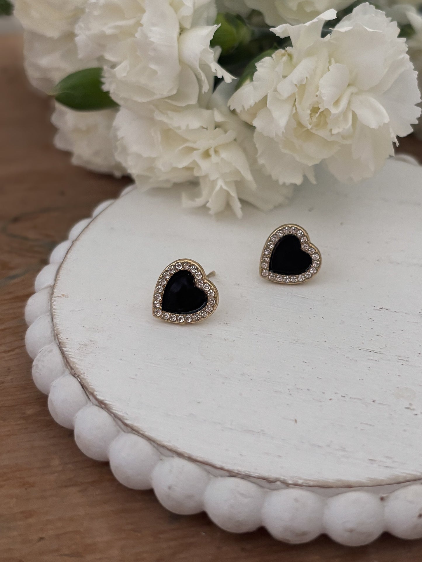 Beautiful Black and Crystal Heart Earrings