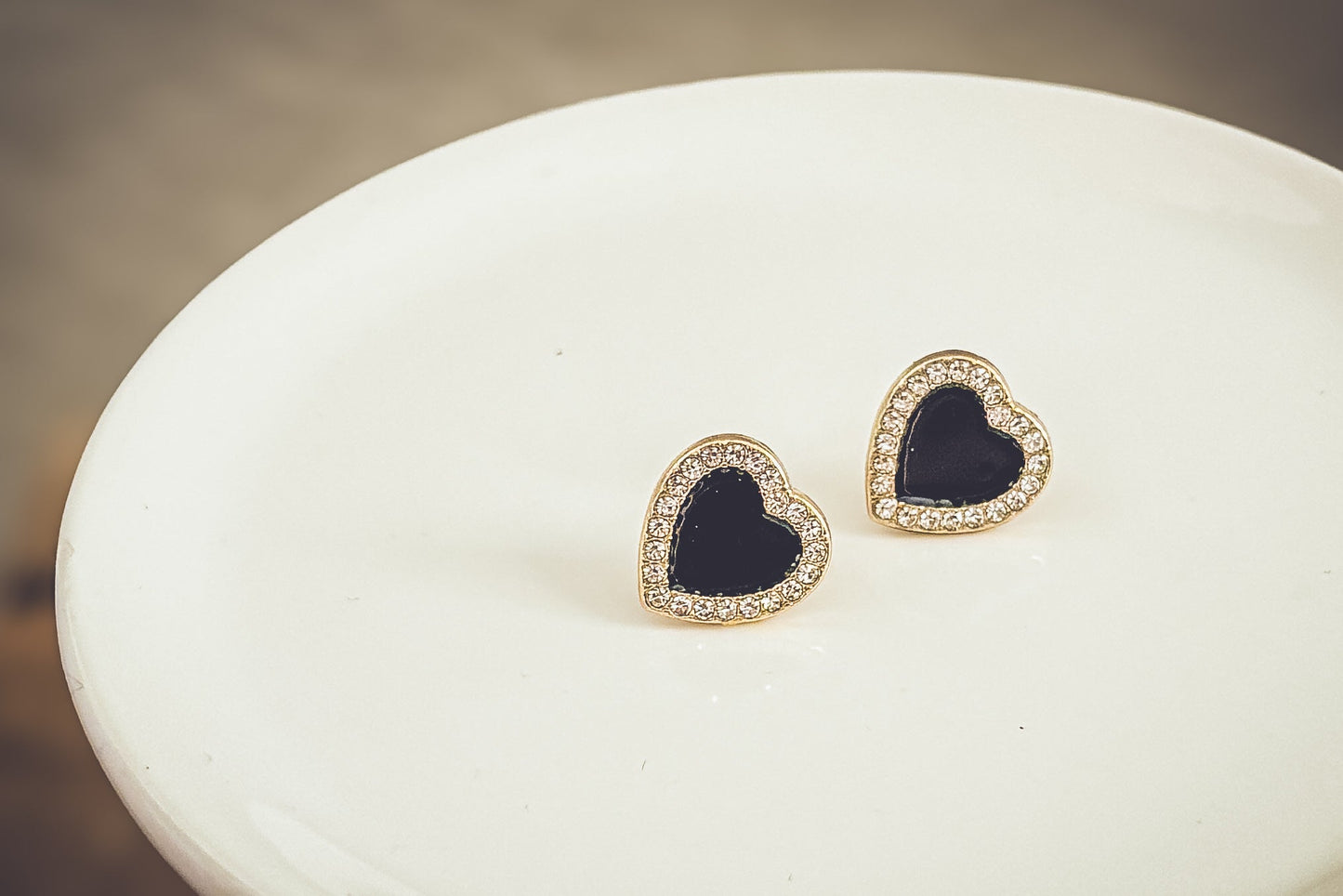 Beautiful Black and Crystal Heart Earrings