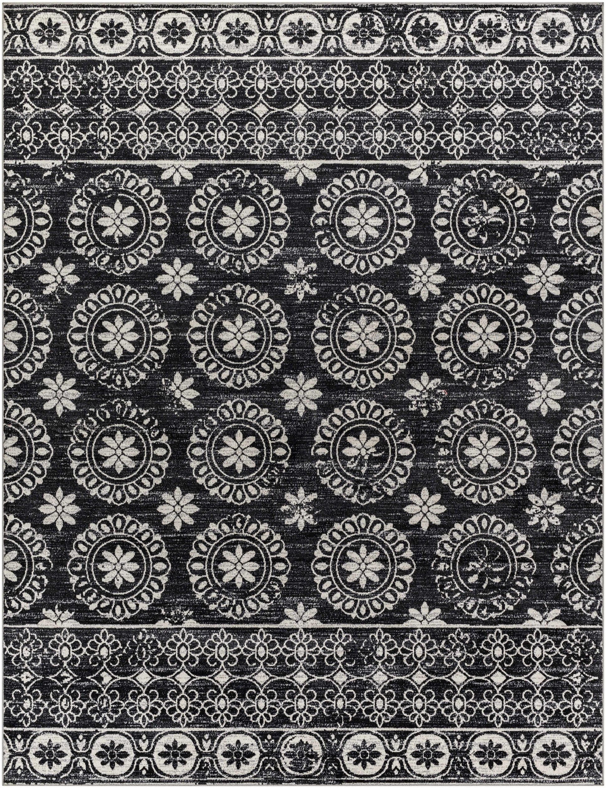 Kahraman Black&White Floral Washable Area Rug - Boutique Rugs