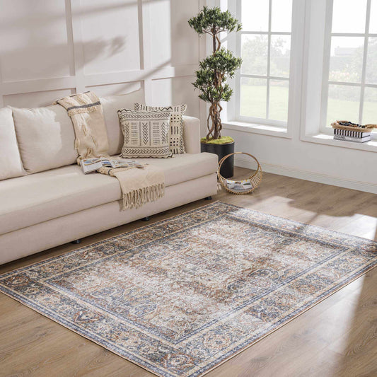 Arias Beige Blue Washable Area Rug - Boutique Rugs