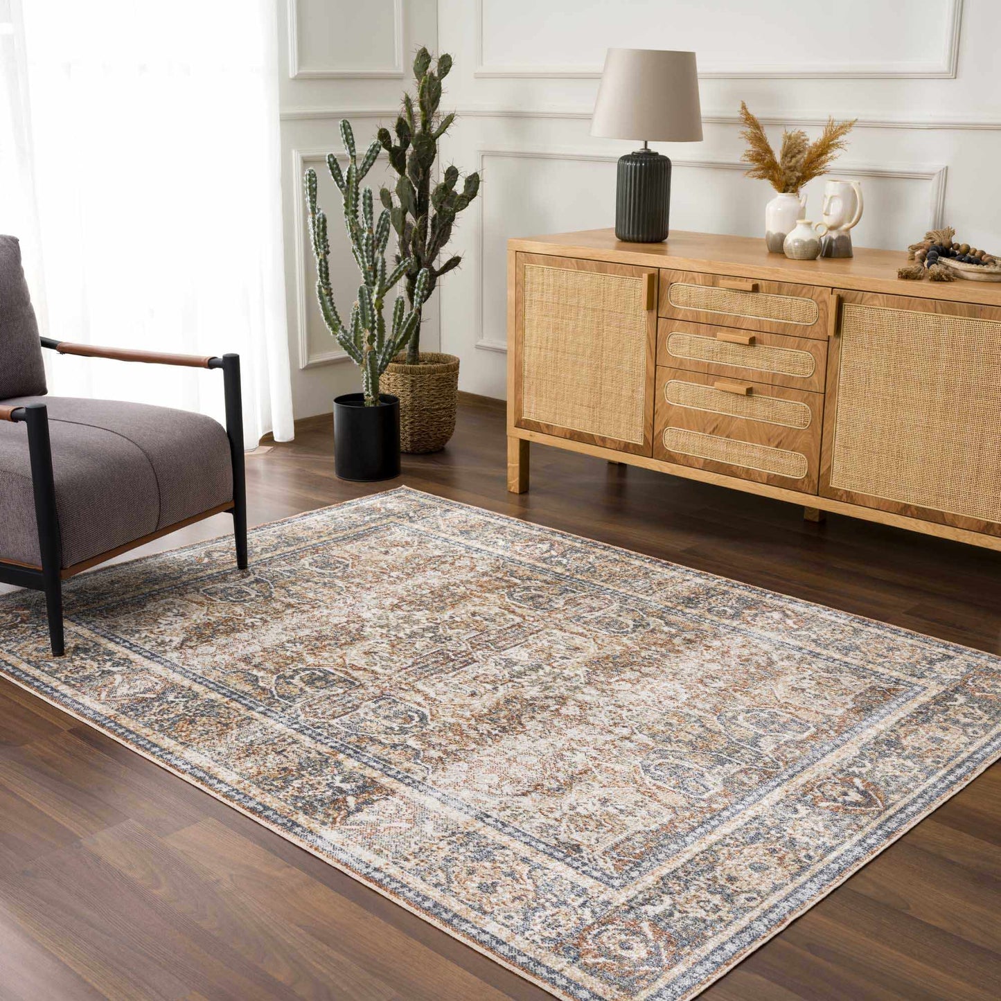 Arias Beige Blue Washable Area Rug - 5’3’’ x 7’ Rectangle - Boutique Rugs