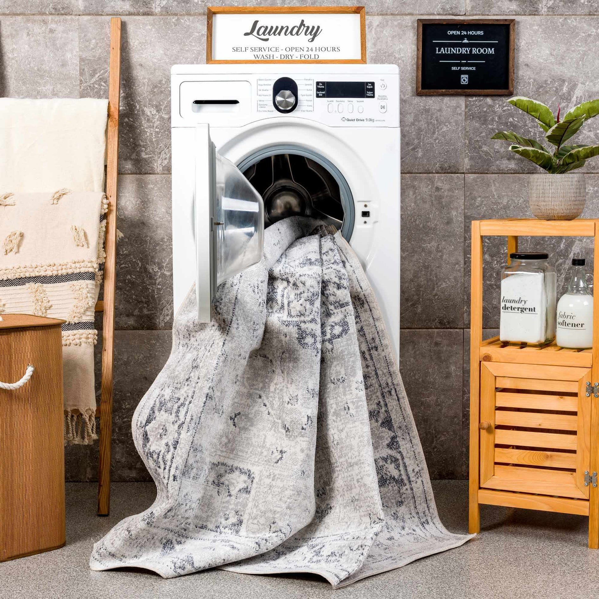 Akram Cream & Antrasit Washable Area Rug - Boutique Rugs