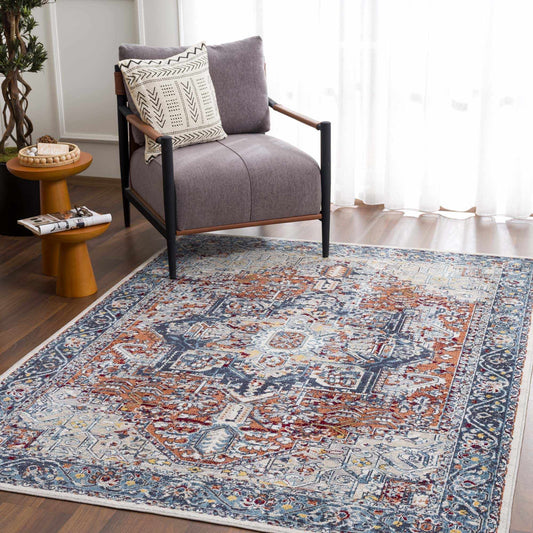 Cabacungan Blue & Rust Washable Area Rug - Clearance - * 5’3’’ x 7’ Rectangle - Boutique Rugs