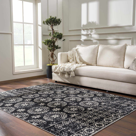 Kahraman Black&White Floral Washable Area Rug - 5’3’’ x 7’ Rectangle - Boutique Rugs