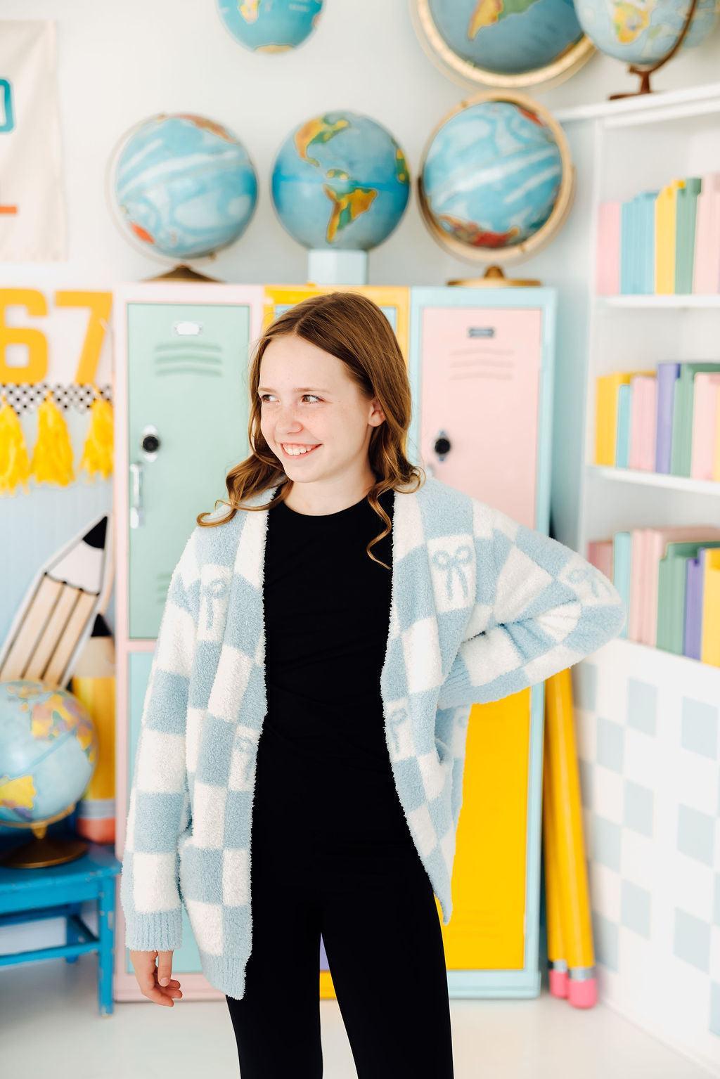 Kids Cozy Cardigan - Light Blue Checkerboard - Mila & Rose ®