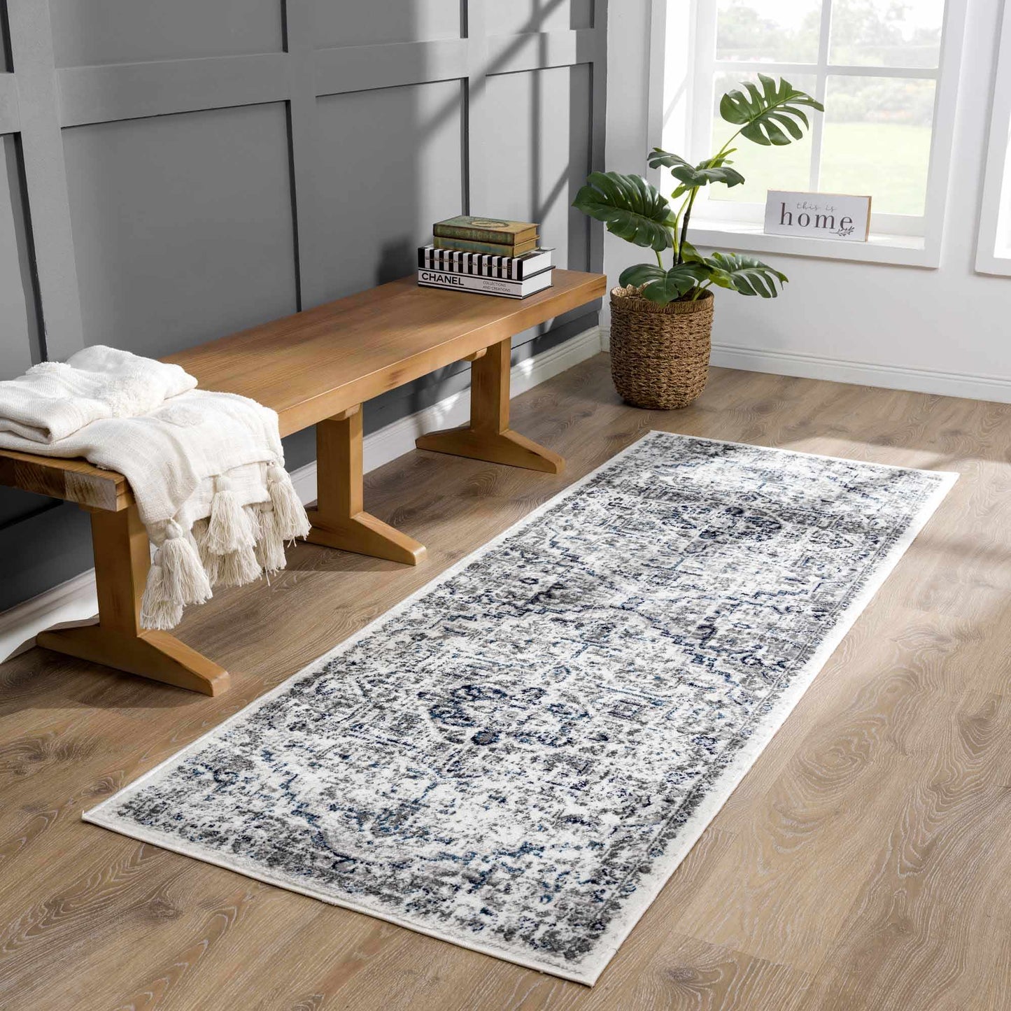 Buenaventura Cream & Navy Area Rug - 2’7’’ x 7’3’’ Runner - Boutique Rugs