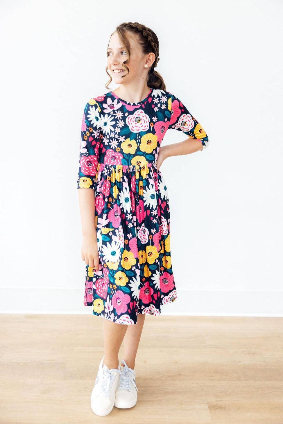 Midnight Floral 3/4 Sleeve Pocket Twirl Dress - Mila & Rose ®