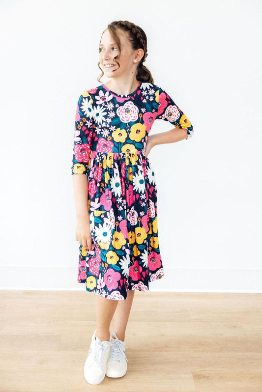 Midnight Floral 3/4 Sleeve Pocket Twirl Dress - Mila & Rose ®