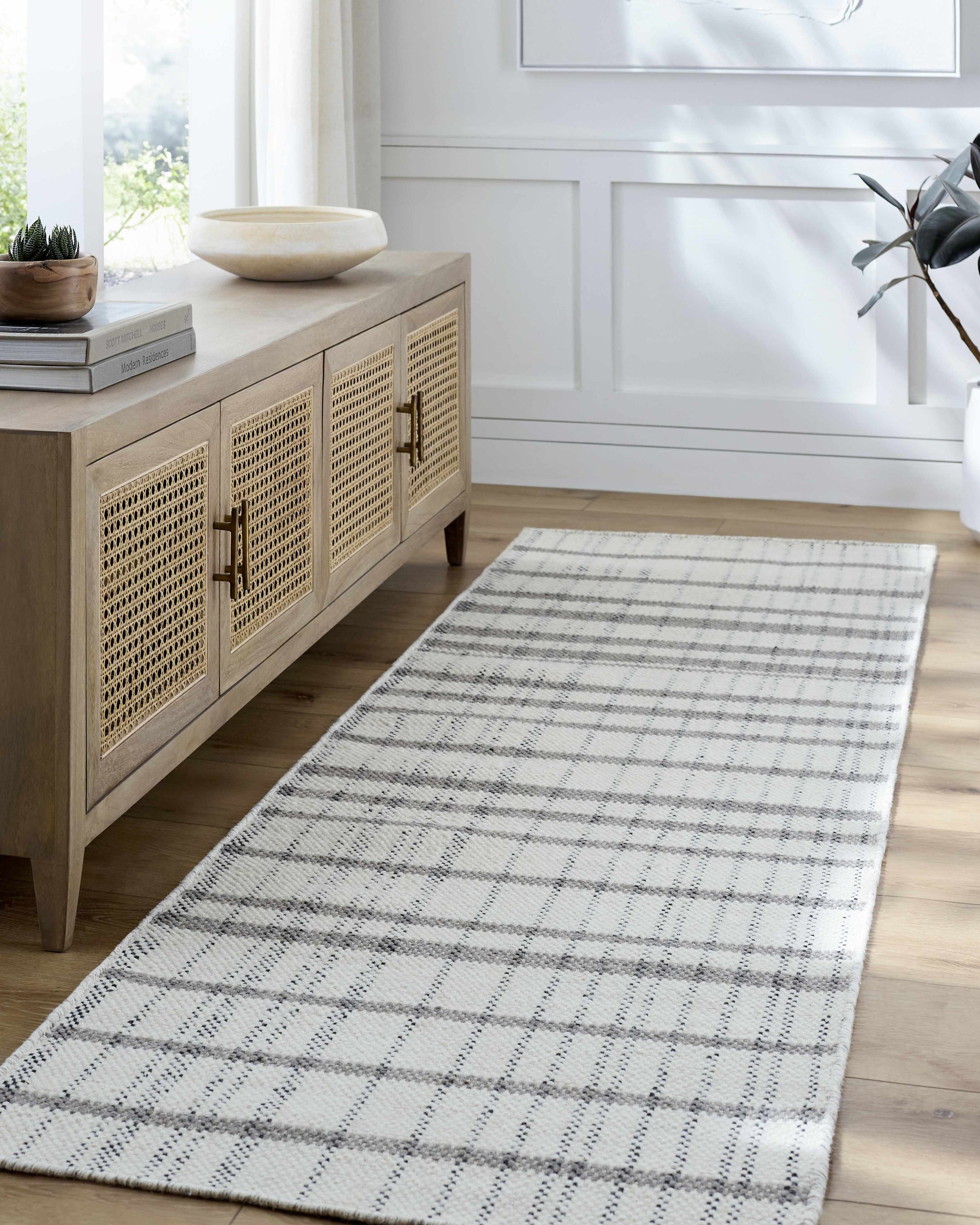 Ivory Beige Plaid Wool Flat Weave Area Rug - Boutique Rugs