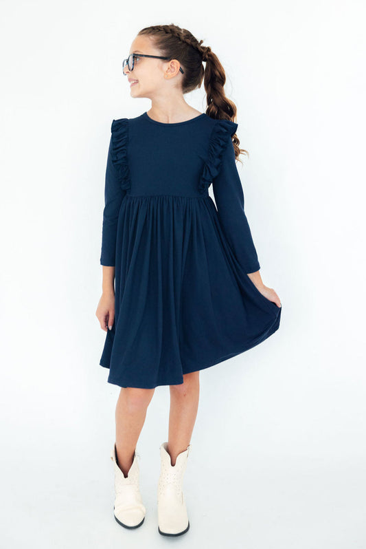 Navy L/S Ruffle Twirl Dress - Mila & Rose ®