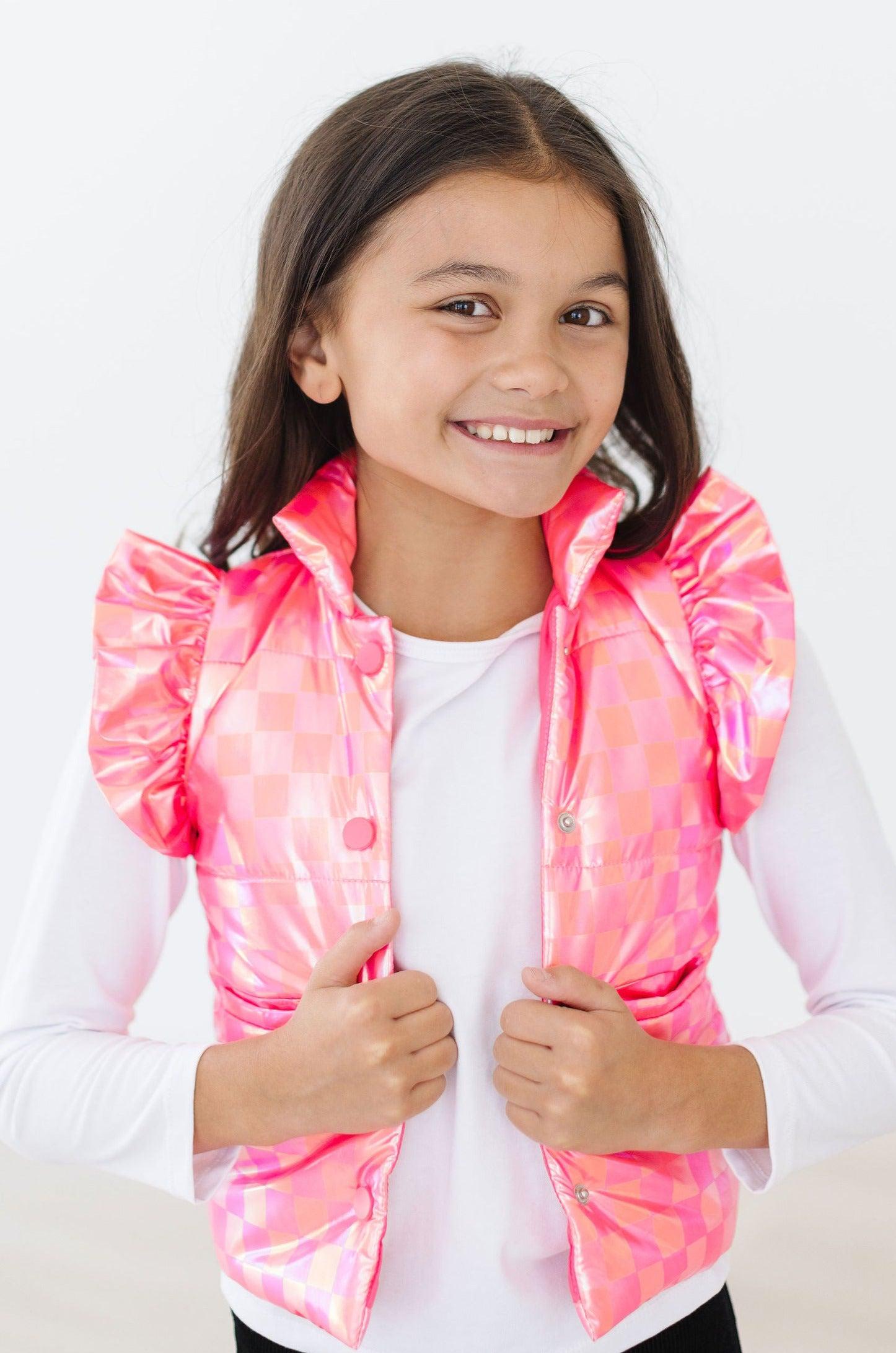 Neon Pink Checker Puffer Vest - Mila & Rose ®