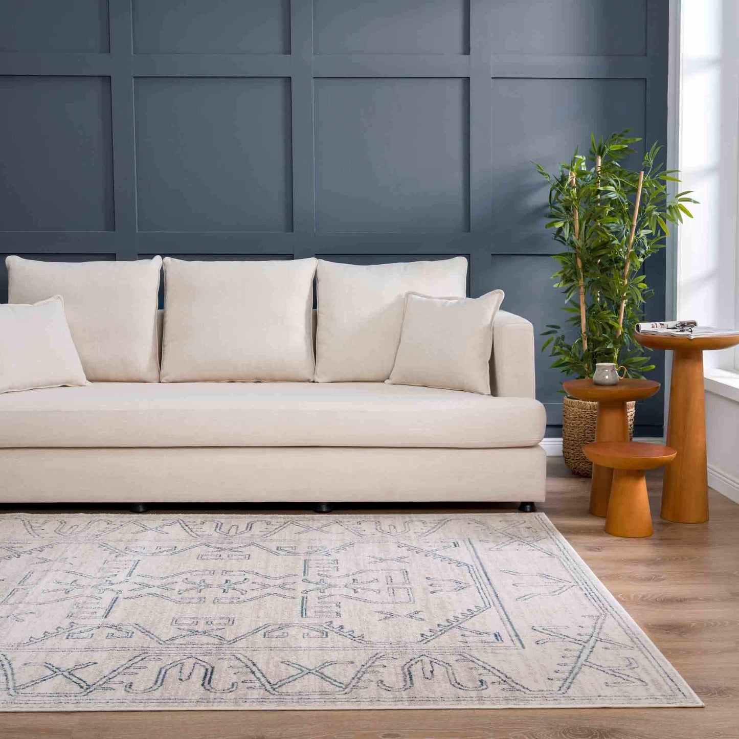 Divya Cream & Silver Blue Area Rug - Limited Edition - Boutique Rugs