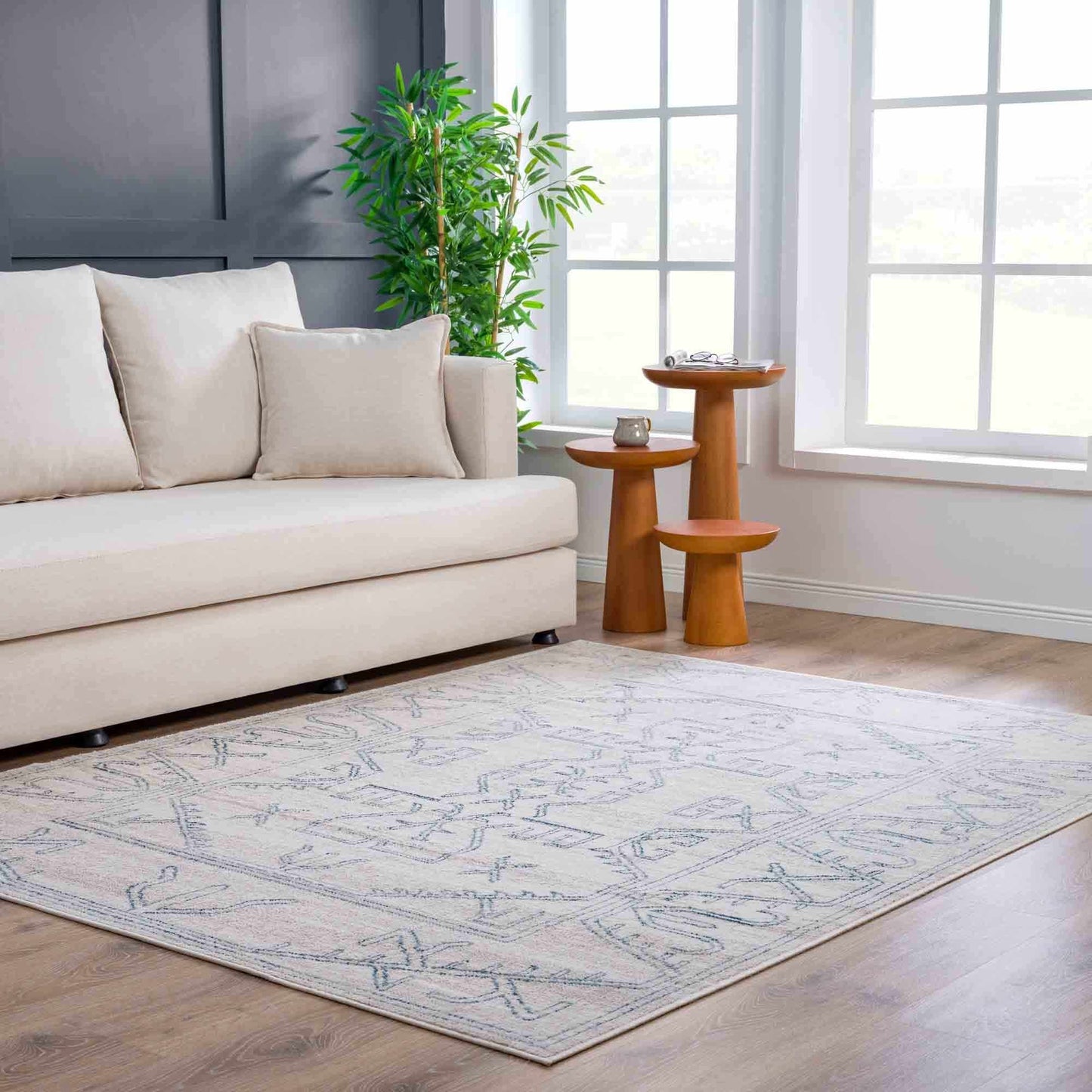 Divya Cream & Silver Blue Area Rug - Limited Edition - Boutique Rugs