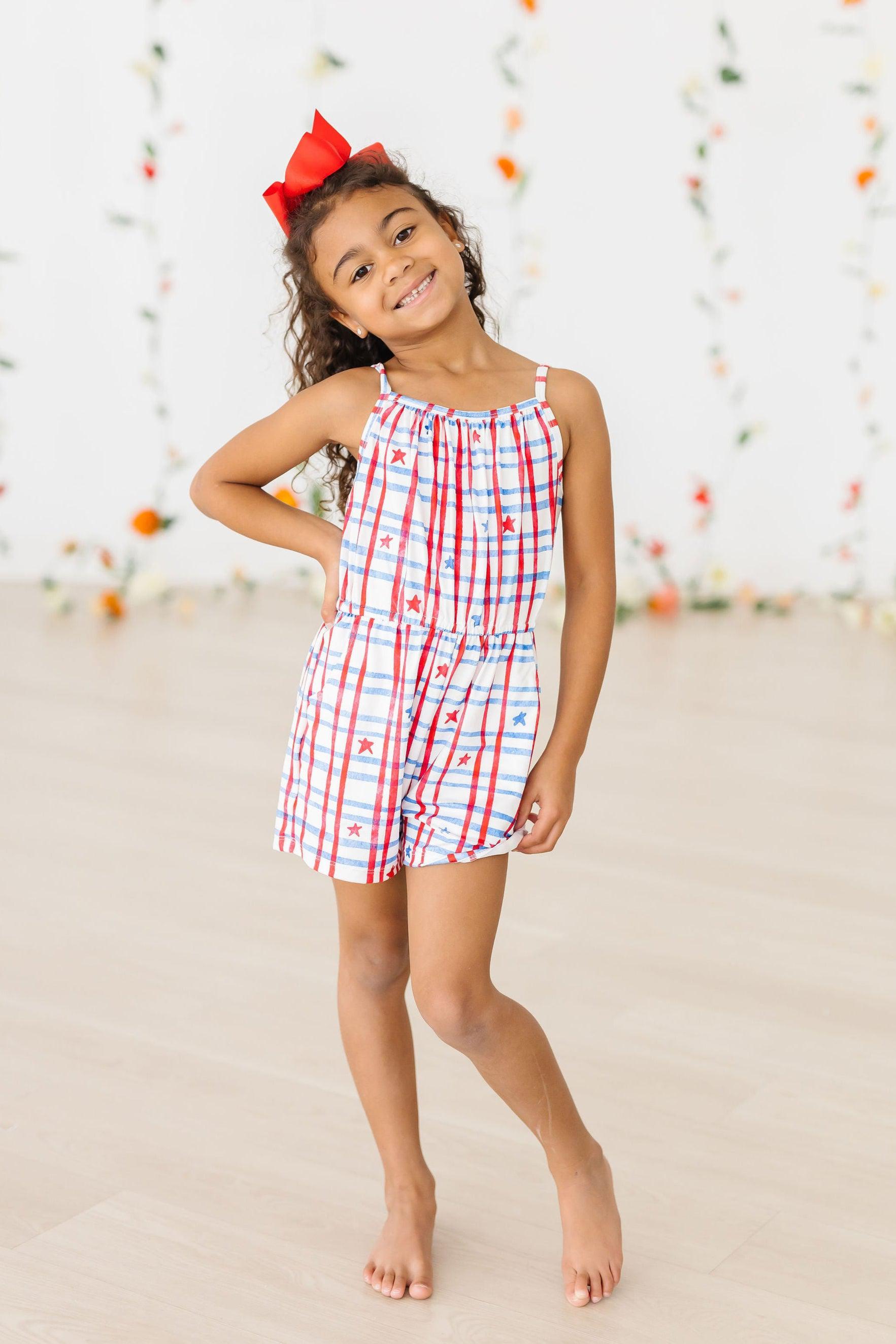 Patriotic Plaid Strappy Play Romper Outfit - Mila & Rose ®