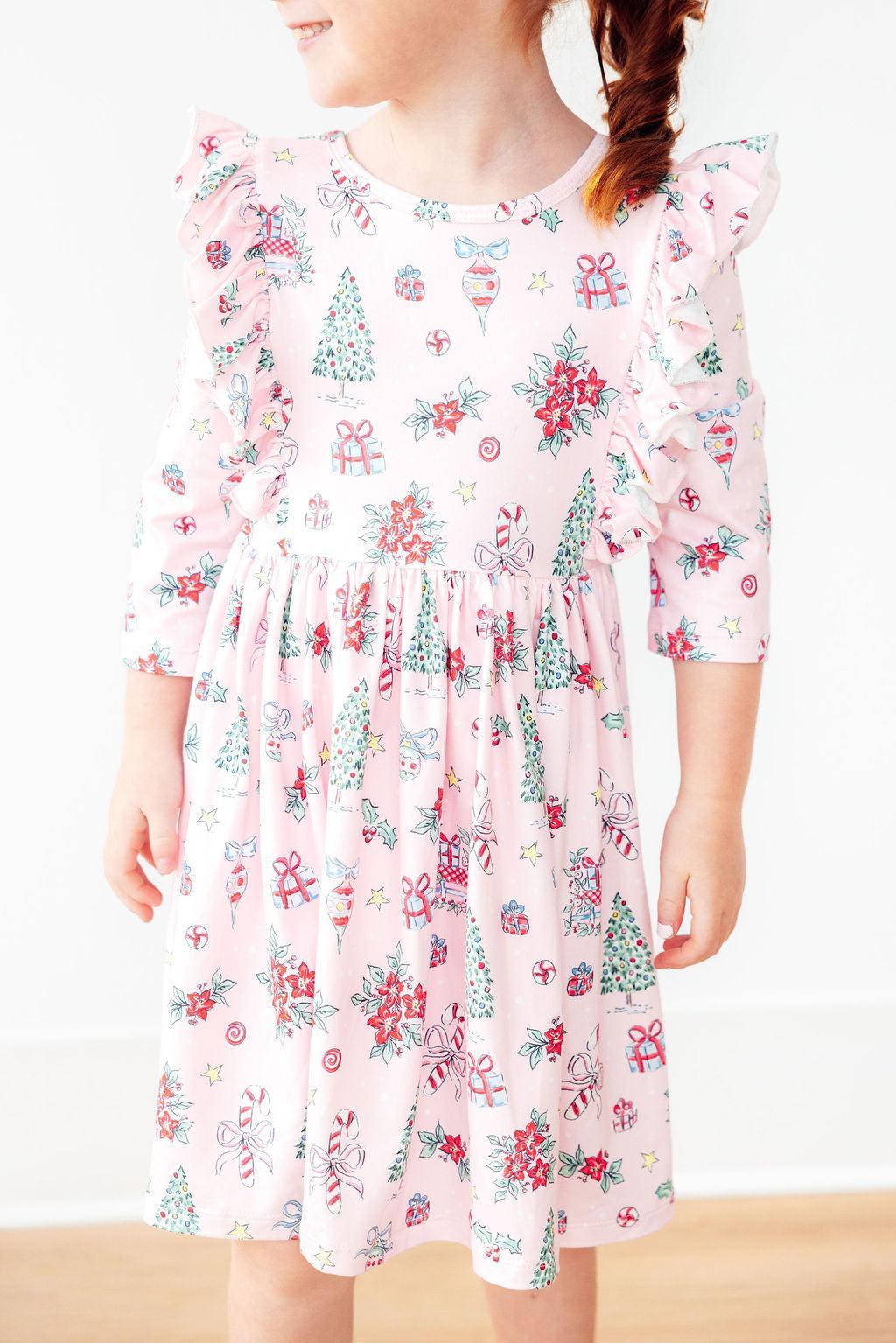 Pink Christmas 3/4 Sleeve Ruffle Twirl Dress - Mila & Rose ®