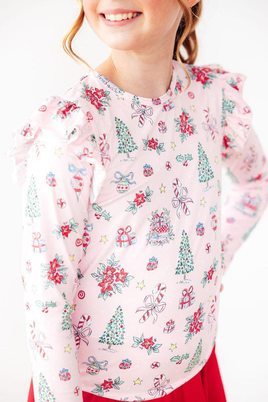 Pink Christmas L/S Ruffle Tee - Mila & Rose ®
