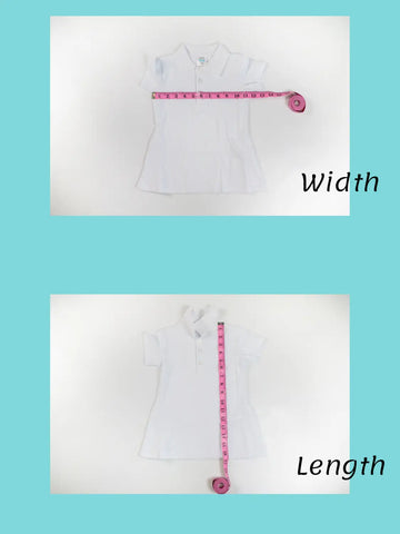 White pique sleeve polo dress measured with pink tape, gauge neckline
