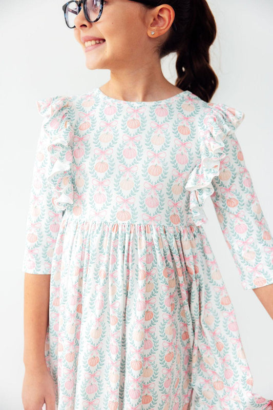 Pumpkin Kisses Harvest Wishes 3/4 Sleeve Ruffle Twirl Dress - Mila & Rose ®