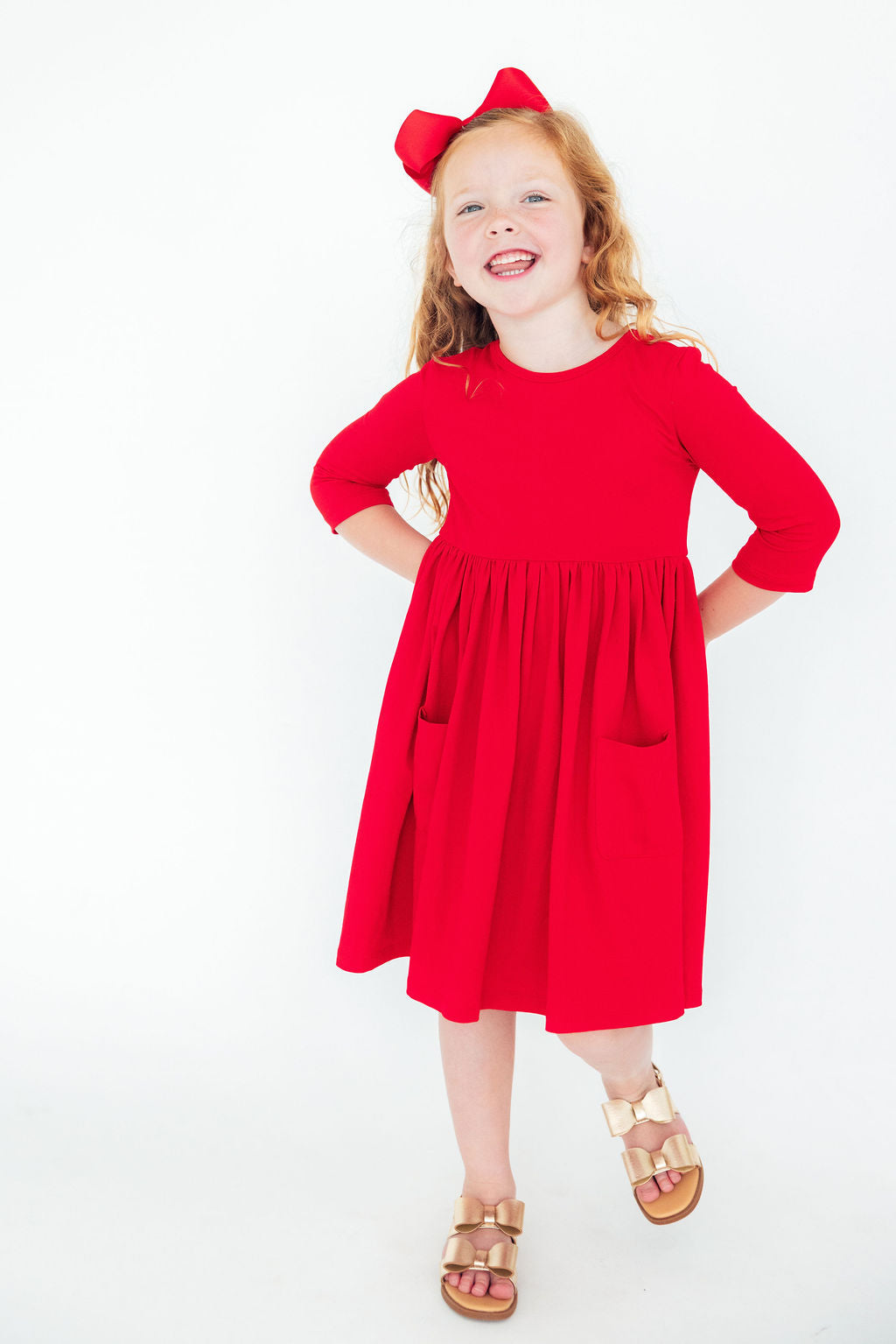 Red 3/4 Sleeve Pocket Twirl Dress - Mila & Rose ®