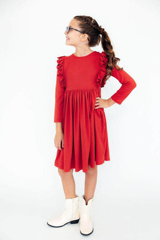 Red L/S Ruffle Twirl Dress - Mila & Rose ®