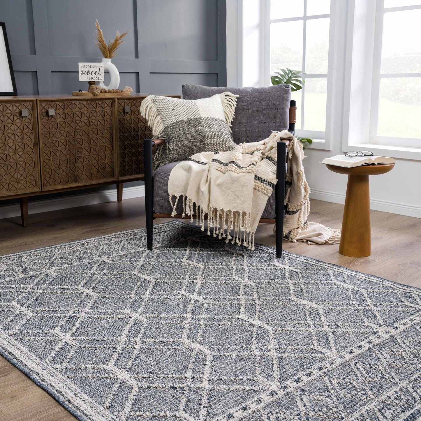 Diah Gray Blue Textured Trellis Rug - Limited Edition - Boutique Rugs