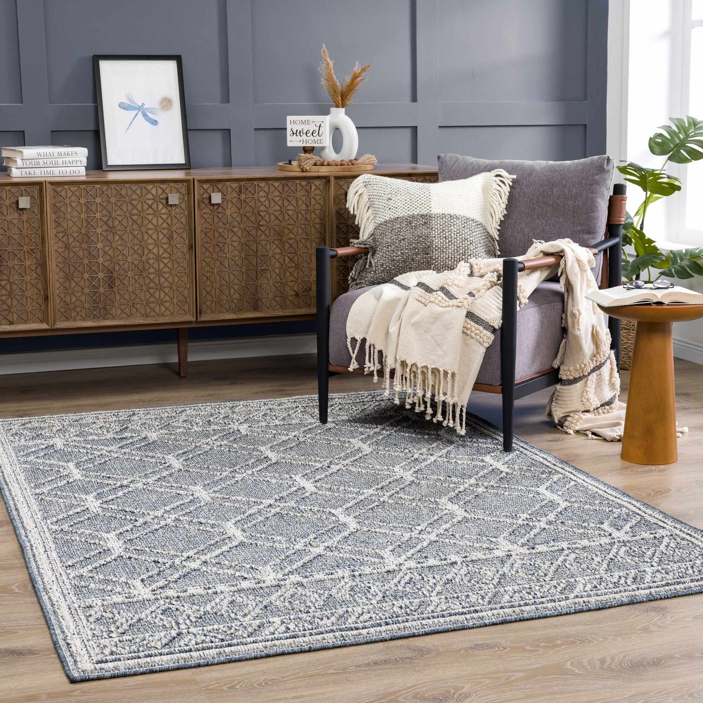 Tapis à treillis texturé gris bleu Diah - Édition limitée