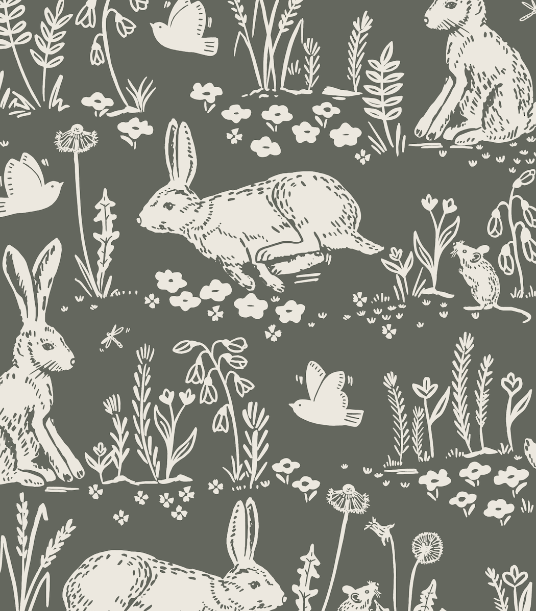 Thumper Rabbit Wallpaper by Hufton Studio - Sample 1 foot by 1 foot / Olive - Loomwell Home Goods