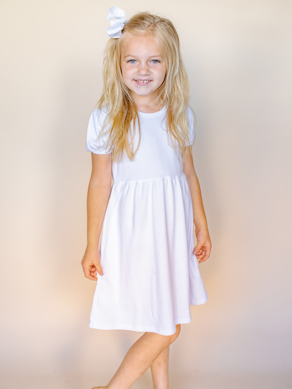 Girl’s Short Sleeve Puff Empire Waist Dress - White / 12M - ARB Blanks