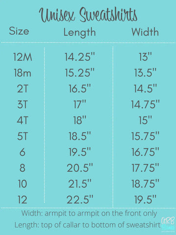 Unisex sweatshirts size chart 12m-12 inches combed cotton double gauge neckline