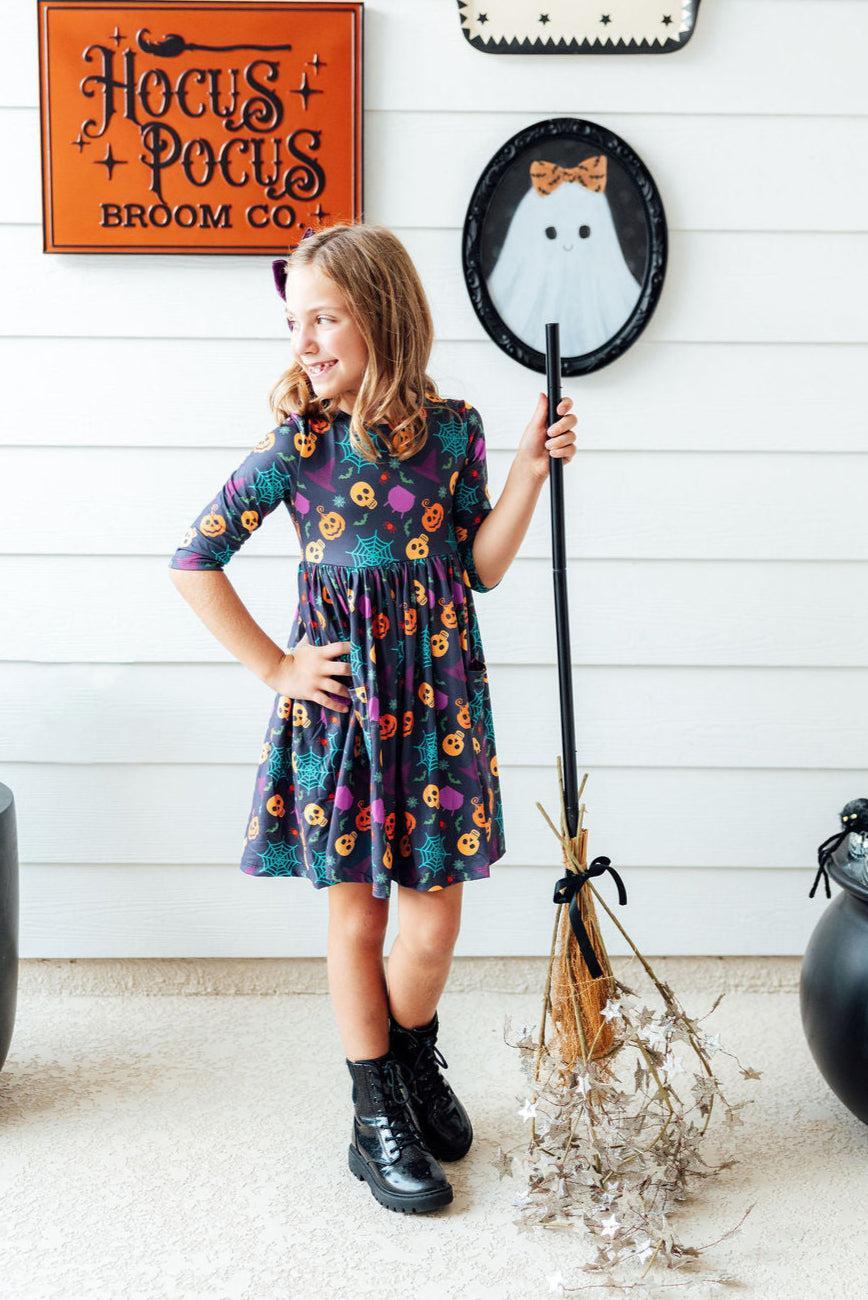 Skeleton Web 3/4 Sleeve Pocket Twirl Dress - Mila & Rose ®