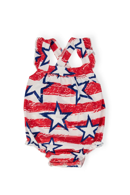 Stars & Stripes Ruffle Cross Back Romper - Mila & Rose ®