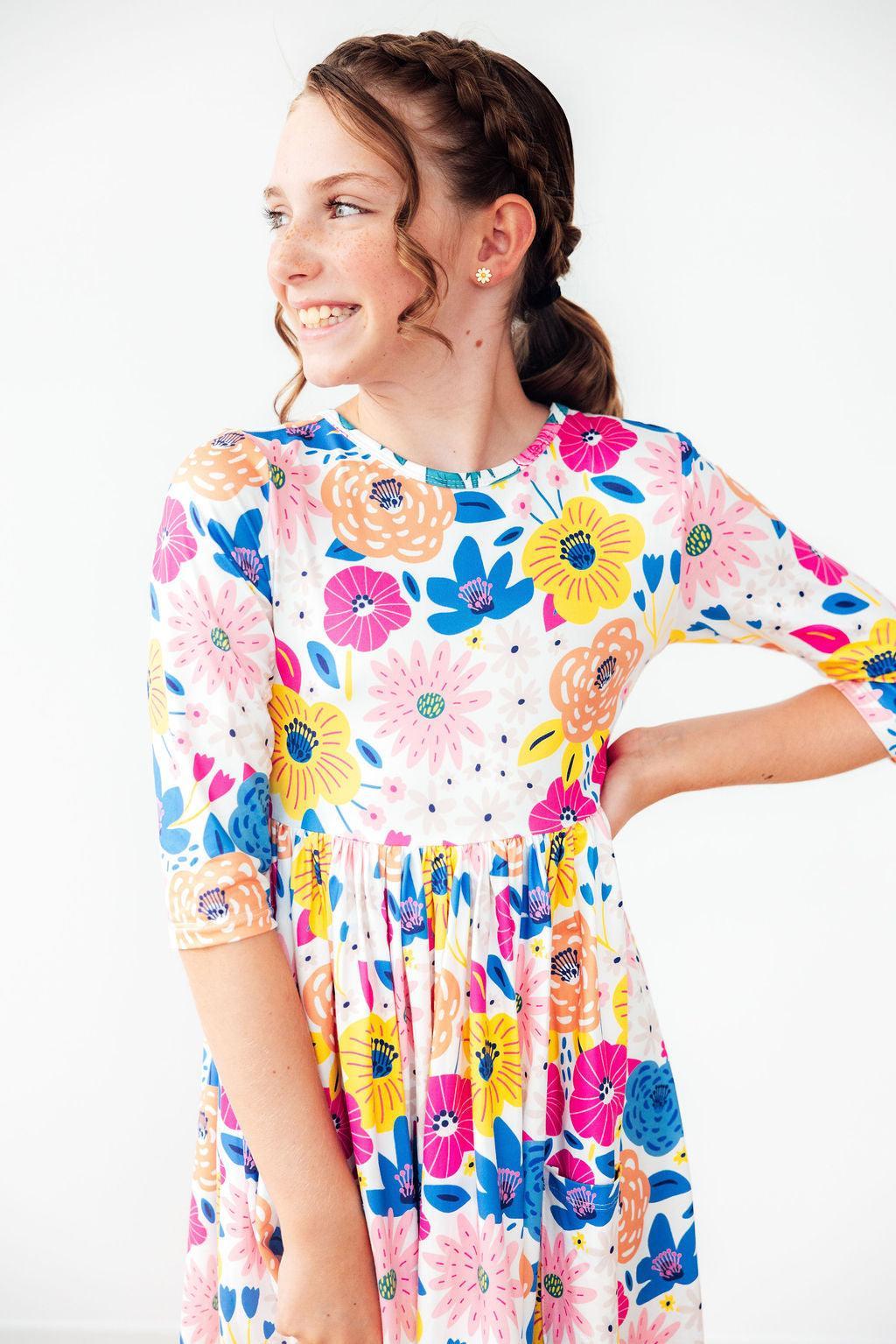Sunshine Floral 3/4 Sleeve Pocket Twirl Dress - Mila & Rose ®