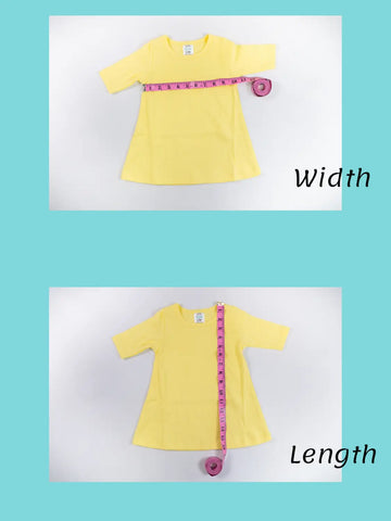 Yellow girls bell sleeve tunics with pink tape measuring width and length