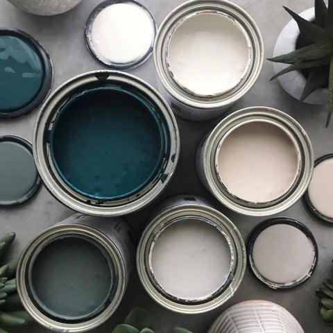 Open One Step Paint 16oz cans in teal, gray, white - highly pigmented