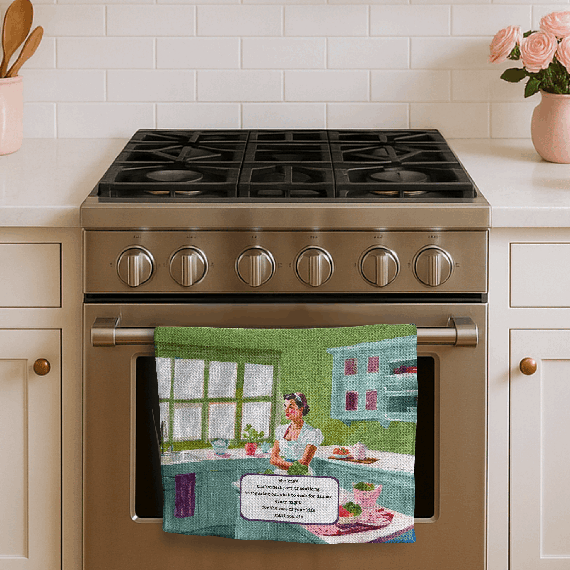 Funny Vintage Floral Kitchen Towel - Hardest Part of Adulting - Cook Dinner - Urban Smirk