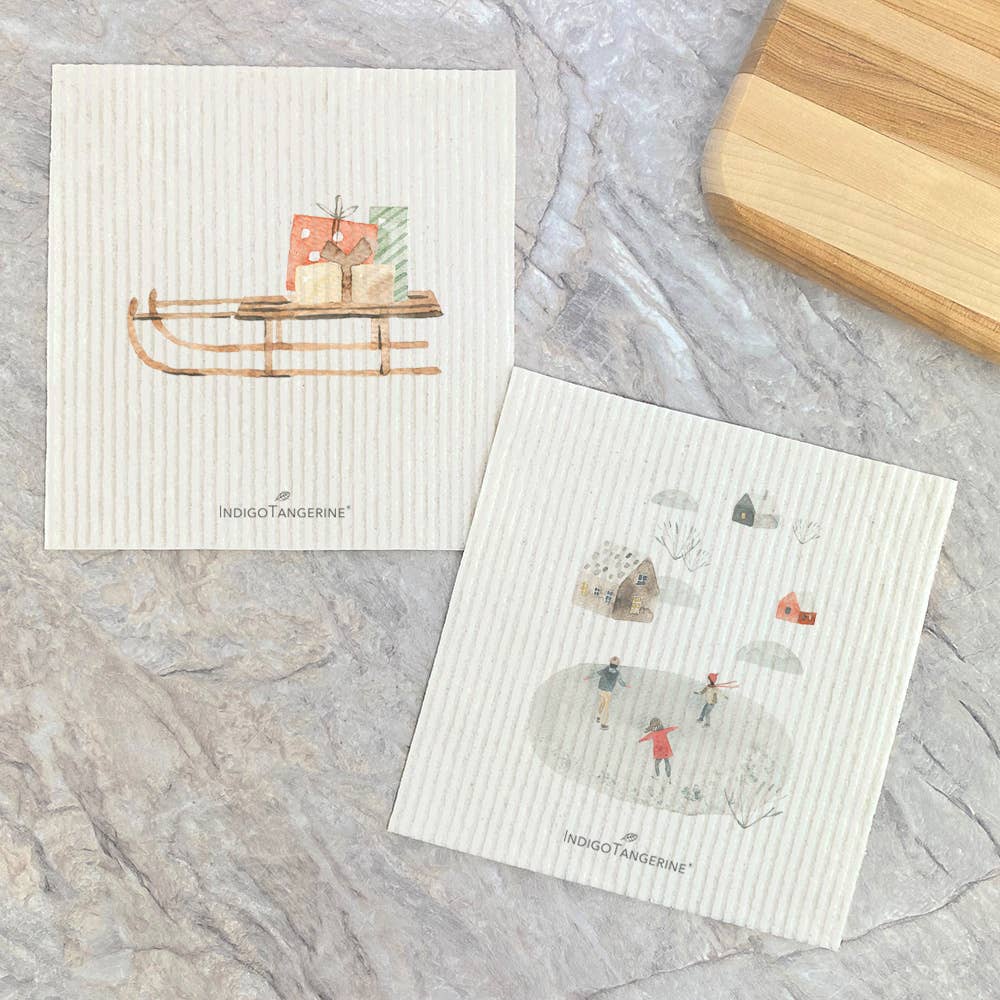 Sled and Ice Skating - Christmas Dish Cloths - set of 2