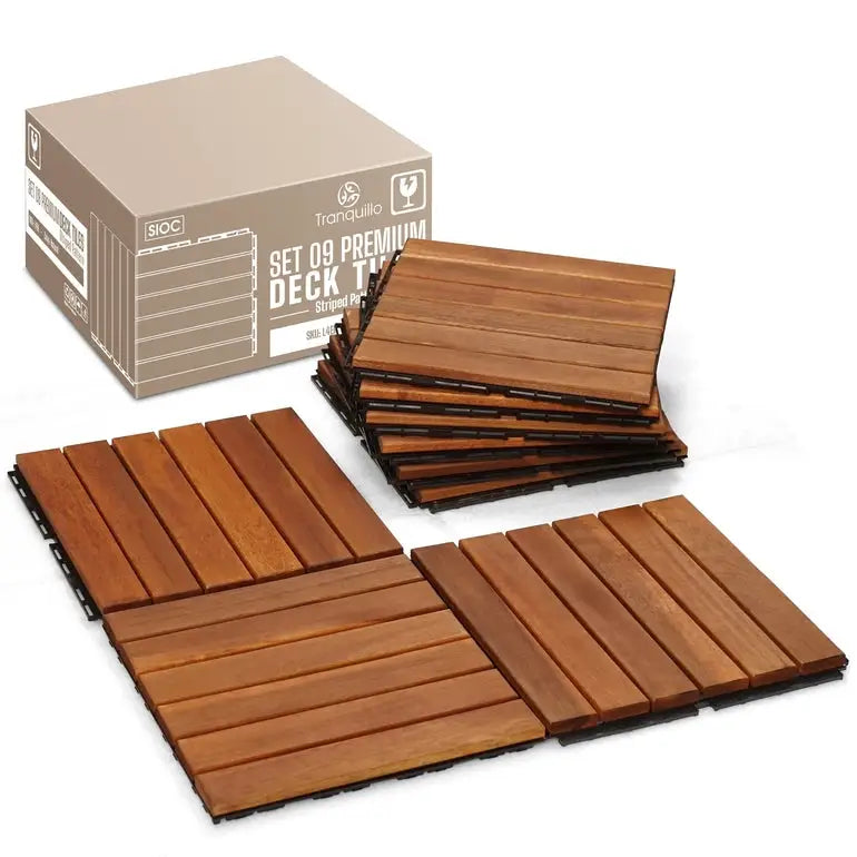 Acacia Deck Tiles - Set of 9 - 6-Slat Interlocking Decking Tiles – Tranquillo Garden or Shower - Indoor & Outdoor