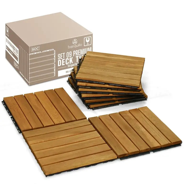 Acacia Deck Tiles - Set of 9 - 6-Slat Interlocking Decking Tiles – Tranquillo Garden or Shower - Indoor & Outdoor