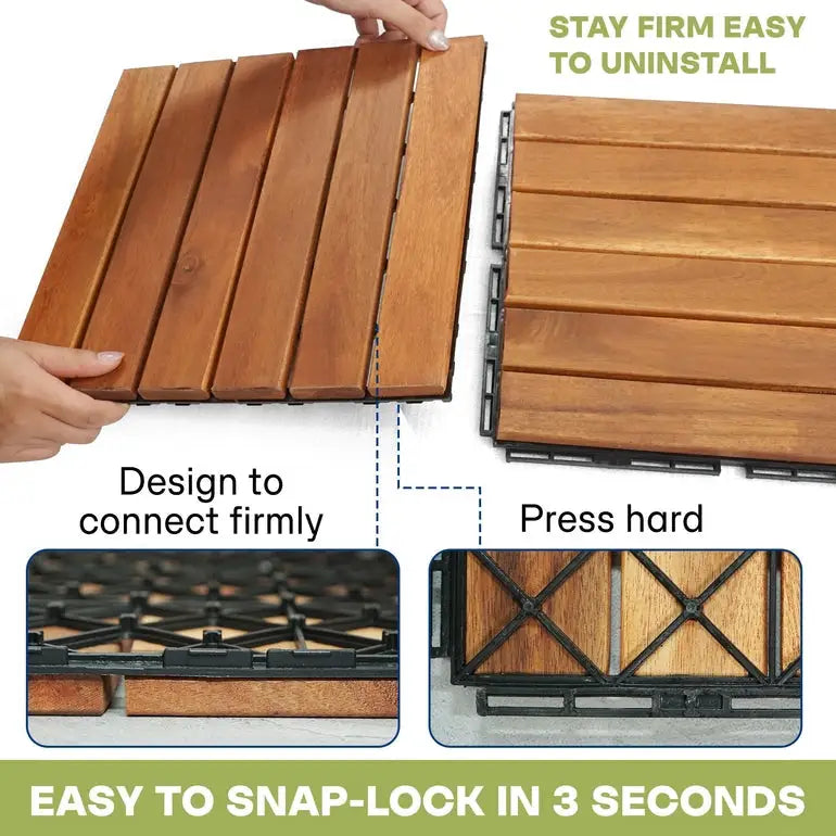 Acacia Deck Tiles - Set of 9 - 6-Slat Interlocking Decking Tiles – Tranquillo Garden or Shower - Indoor & Outdoor