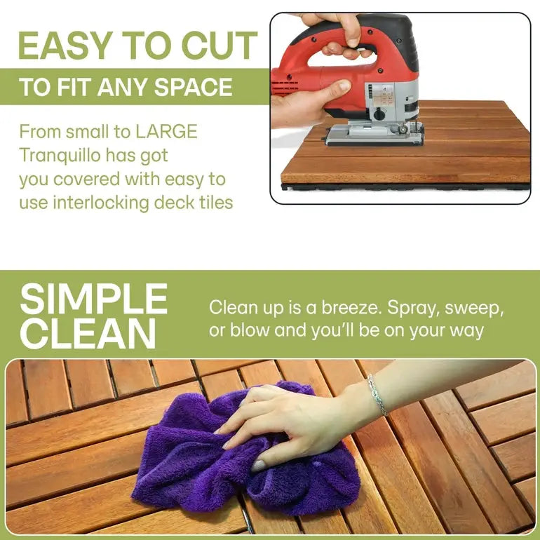 Acacia Deck Tiles - Set of 9 - 6-Slat Interlocking Decking Tiles – Tranquillo Garden or Shower - Indoor & Outdoor