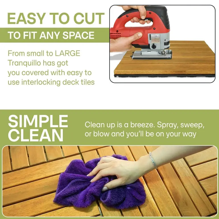 Acacia Deck Tiles - Set of 9 - 6-Slat Interlocking Decking Tiles – Tranquillo Garden or Shower - Indoor & Outdoor