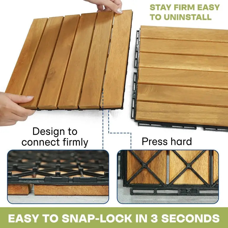 Acacia Deck Tiles - Set of 9 - 6-Slat Interlocking Decking Tiles – Tranquillo Garden or Shower - Indoor & Outdoor